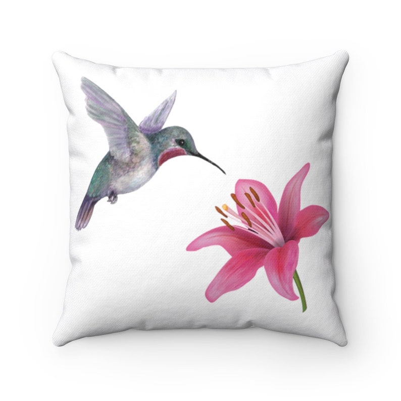 Hummingbird and flower 14\u201dSpun Polyester Square Pillow