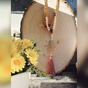 Genuine Rose Quartz and Wooden Bead Boho Tassel Necklace With Hamsa Hand Tassel Pendant