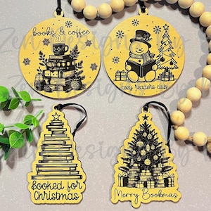 Bookish Ornament Bundle Laser SVG, Book Lover Christmas Ornament, Snowman Reading Ornament, Book Stack Ornament, Merry Bookmas Ornament