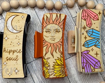 Lot de 6 pinces à cheveux célestes, lot de 2 SVG laser, petit et grand format, pince à cheveux en cristal, pince à cheveux âme hippie, pince à cheveux soleil