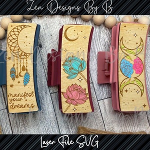 Celestial Hair Clip Bundle of 6, Laser SVG Comes with Small and Large Sizing, Moon Catcher Hair Clip, Peony Hair Clip, Triple Moon Hair Clip