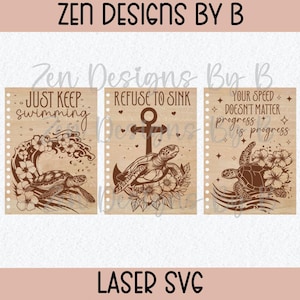 May include: Three digital designs featuring a turtle with inspirational quotes. The first design says "Just Keep Swimming" with a turtle swimming in a wave. The second design says "Refuse to Sink" with a turtle holding an anchor. The third design says "Your Speed Doesn't Matter, Progress is Progress" with a turtle swimming in a wave.