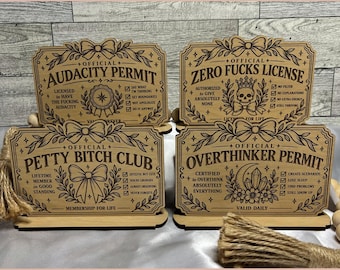 Funny Audacity Shelf Sitter Laser SVG, Overthinker Shelf Decoration, Zero Fucks License, Petty Bitch Club, Funny Gag Gift