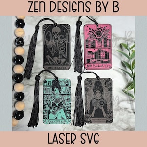 May include: Four laser cut bookmark designs with black tassels. The bookmarks feature black and white illustrations with text that reads "The Reader", "In My Bookish Era", "Book Club Babe", and "The Booktrovert".