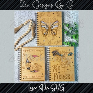 Notebook Cover Bundle Laser SVG, Dragon Notebook Cover, Butterfly Notebook Cover, Tarot Notebook Cover, The Moon, Be Fierce