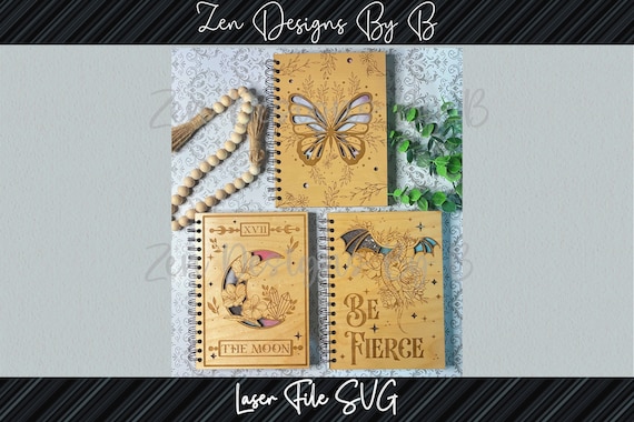 Notebook Cover Bundle Laser SVG, Dragon Notebook Cover, Butterfly Notebook Cover, Tarot Notebook Cover, The Moon, Be Fierce