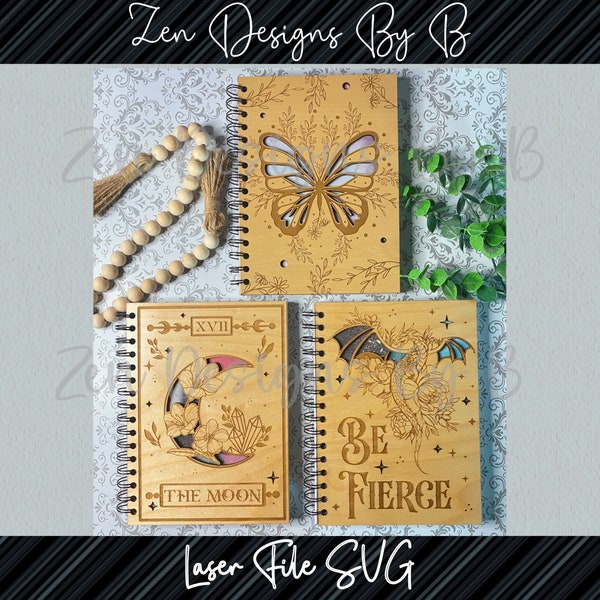 Notebook Cover Bundle Laser SVG, Dragon Notebook Cover, Butterfly Notebook Cover, Tarot Notebook Cover, The Moon, Be Fierce