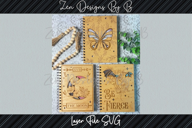 Three rustic wooden notebook covers displayed, ornate vintage frames with dragon and butterfly, laser cut notebook cover SVG bundle