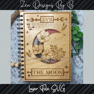 Tarot-inspired moon journal wood cover, crescent moon, stars and ornate border, notebook cover laser cutting files included
