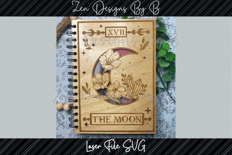 Tarot-inspired moon journal wood cover, crescent moon, stars and ornate border, notebook cover laser cutting files included