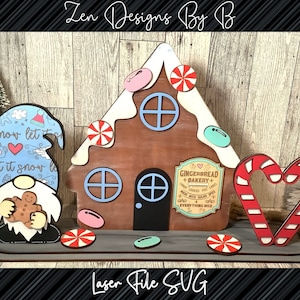 Gnome with Gingerbread House Laser SVG, Shelf sitter, Winter, Christmas, Christmas Gnome, Candy Canes