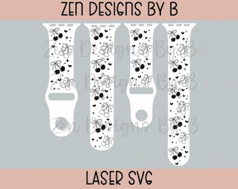 May include: Four white watch bands with a black cherry and bow pattern. The bands are decorated with small hearts and stars. The text "ZEN DESIGNS BY B" and "LASER SVG" are displayed on the image.