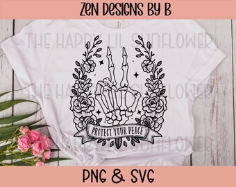 Floral Skeleton Peace Sign SVG, Digital Cut File, PNG Format