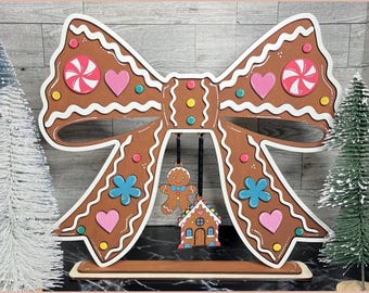 Gingerbread Bow Shelf Sitter Laser SVG File, Gingerbread Man and House Christmas Decoration