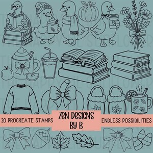 Ensemble de tampons Procreate Oie d'automne, pinceaux Gribouillages de porche d'Halloween, 20 motifs livresques, png populaire
