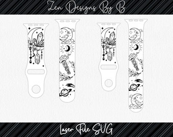 May include: Four white watch bands with black celestial designs. Each band features a moon, stars, crystals, and other mystical elements. The text "Zen Designs By B" and "Laser File SVG" are also visible.