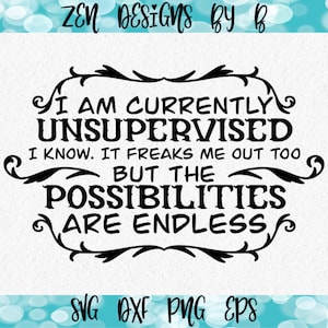 Currently Unsupervised SVG Cut File, Funny Shirt Idea, Possibilities are Endless