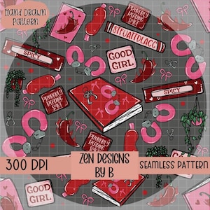 Spicy bookish seamless pattern PNG, Adult reader design for fabric crafts, Dark romance print