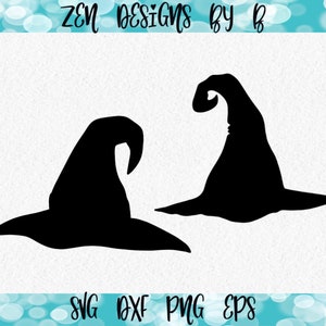 May include: Two black witch hats with pointed crowns and wide brims are displayed against a white background. The hats are in silhouette, with one hat's crown curled. The image includes the text "ZEN DESIGNS BY B" and file type abbreviations.
