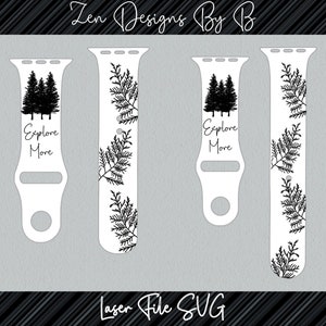 May include: Four different designs for an Apple Watch band. The designs feature a black and white silhouette of trees and ferns. The text "Explore More" is featured on two of the designs.