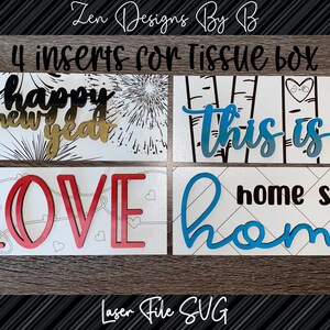 May include: Four tissue box inserts with different designs. The designs include "happy new year" with gold lettering and black fireworks, "this is us" with blue lettering and black birch trees, "LOVE" with red lettering and small hearts, and "home sweet home" with blue lettering.