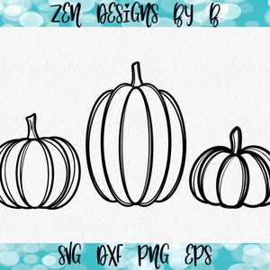 May include: Black and white line art of three pumpkins. The pumpkins vary in size, with the largest in the center. The image includes the text "ZEN DESIGNS BY B" at the top and "SVG DXF PNG EPS" at the bottom.