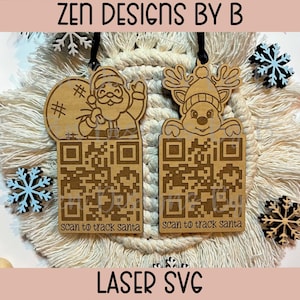 May include: Wooden Christmas ornaments featuring Santa Claus and a reindeer, each with a QR code and the text "scan to track santa." The ornaments are laser cut and surrounded by decorative snowflakes.