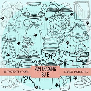 Zestaw znaczków Bookish Procreate, 20 ręcznie rysowanych wzorów, bazgroły do ​​dziennika Coquette