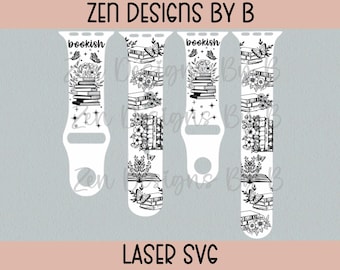 May include: White watch bands with a black and white bookish design. Each band features stacks of books, butterflies, and floral elements. The word "bookish" is at the top of each band. The text "ZEN DESIGNS BY B" and "LASER SVG" are also present.