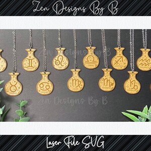 Pacchetto di ciondoli Zodiac in a Bottle Laser SVG, Glowforge, collana con ciondolo, collana Zodiac, vergine, toro, bilancia, capricorno, scorpione, leone, gemelli