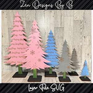 Standing Pine Trees Set of 12 Laser SVG File, Standing Christmas Tree, Merry Christmas, Snowflakes