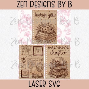 May include: Three light brown wooden sheets featuring laser-engraved designs. The top sheet shows a stack of books with flowers and the text bookish girlie. The bottom left sheet has various book, flower, and tea cup icons. The bottom right sheet shows a skull, candle, and books with the text one more chapter.