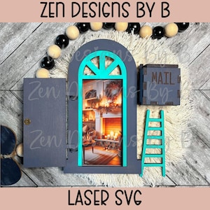 May include: A teal blue door with a window and a fireplace scene inside. The door is part of a wooden craft project with a grey door, a ladder, and a small box that says "MAIL BY".