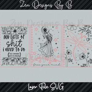 ノートブック カバー バンドル レーザー SVG、My list of Things ノートブック カバー、Free Your Mind ノートブック カバー、Dragonfly ノートブック カバー