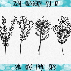 Wildflowers Set of 4 SVG Cut File, Floral, Sketched Wildflowers, Vines
