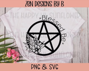 Floral Pentacle SVG Cut File, Blessed Be Wiccan Art, PNG Format
