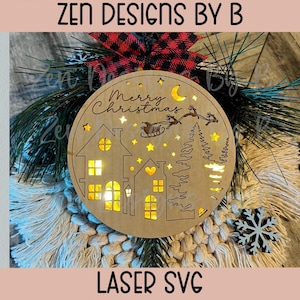 Light Up Merry Christmas Ornament Laser SVG, Light Up Ornament for Christmas Tree, Santa and Reindeer Ornament, Christmas Laser Ornament