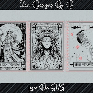 Lot de couvertures de carnet Tarot Laser SVG, couverture de carnet de notes la reine des baguettes, couverture de carnet de notes Reine des pentacles, couverture de carnet de la grande prêtresse