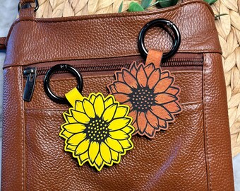 Sunflower Leatherette Bag Charm, Laser Engraved Carabiner Clip
