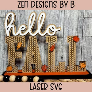 Hello Fall Laser SVG, Knit Fall Shelf Sitter Laser SVG, Fall Shelf Decor, Pumpkin Decor, Fall Leaves Laser File