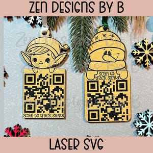 Pacote de enfeites de elfo e boneco de neve para rastrear o Papai Noel, enfeite de Natal, arquivo SVG a laser, código QR para rastrear o Papai Noel