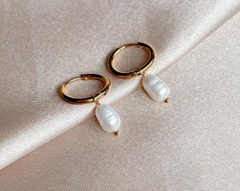 18K Gold Plated Freshwater Pearl Hoop Earrings: Waterproof Jewelry