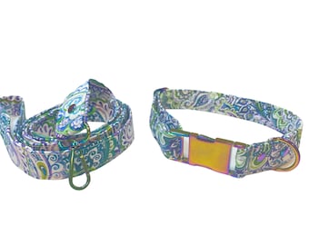 Paisley Print Dog Collar and Matching Leash Set with Metal Hardware, Walking Leash for Puppy, Pet Necklace, 5 Foot Leash, Gift for Pet Owner