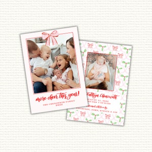 May include: A Christmas card featuring a family of four with the text "more cheer this year! The Chenoweth Family 2022". A second card features a baby girl with the text "Kathryn Chenoweth August 11, 2022 7 pounds 7 ounces Welcomed with love by Courtney, John, Evelyn & Jay".