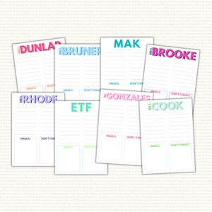 May include: A set of printable teacher to-do lists with colorful text. The lists are titled "Mrs. Dunla", "Mrs. Bruner", "Mak", "Mrs. Brooke", "Mrs. Rhode", "ETF", "Mrs. Gonzales", and "Mrs. Cook". Each list has sections for "Emails" and "Don't Forget".