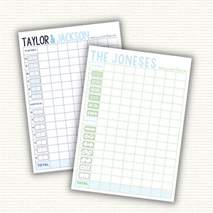 May include: Two printable scorecards for the game Mexican Train Dominoes. The scorecards are blue and green with white lines and text. The top of each scorecard has the name of the players, "Taylor & Jackson" and "The Joneses".