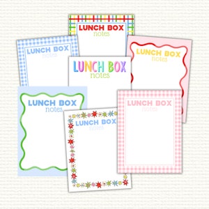 May include: Set of seven printable lunch box notes with different colorful borders and the text "Lunch Box Notes" on each. The borders include gingham, stars, and stripes.
