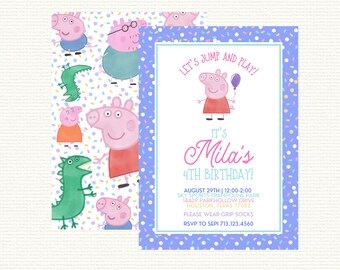 May include: A pink and blue birthday invitation with a cartoon pig holding a balloon. The text reads "Let's jump and play! It's Mila's 4th Birthday! August 29th | 12:00-2:00 Sky Sports Trampoline Park 14409 Parkhollow Drive Houston, Texas 77082 Please wear grip socks RSVP to SEPI 713.123.4560"
