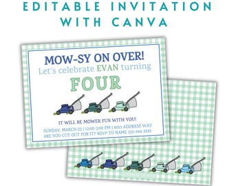 Mower Fun Birthday  EDITABLE ON CANVA invitation