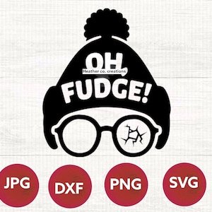 May include: Black and white digital design of a person wearing a winter hat with the text "OH FUDGE!" and cracked glasses. The design is available in JPG, DXF, PNG, and SVG formats.